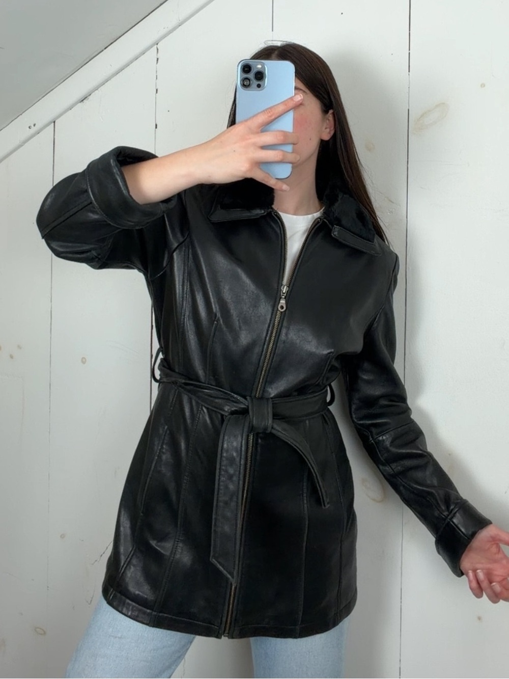 Vintage Tibor Black Leather Zip Up Belted Jacket Women’s XS Removable Fur Collar